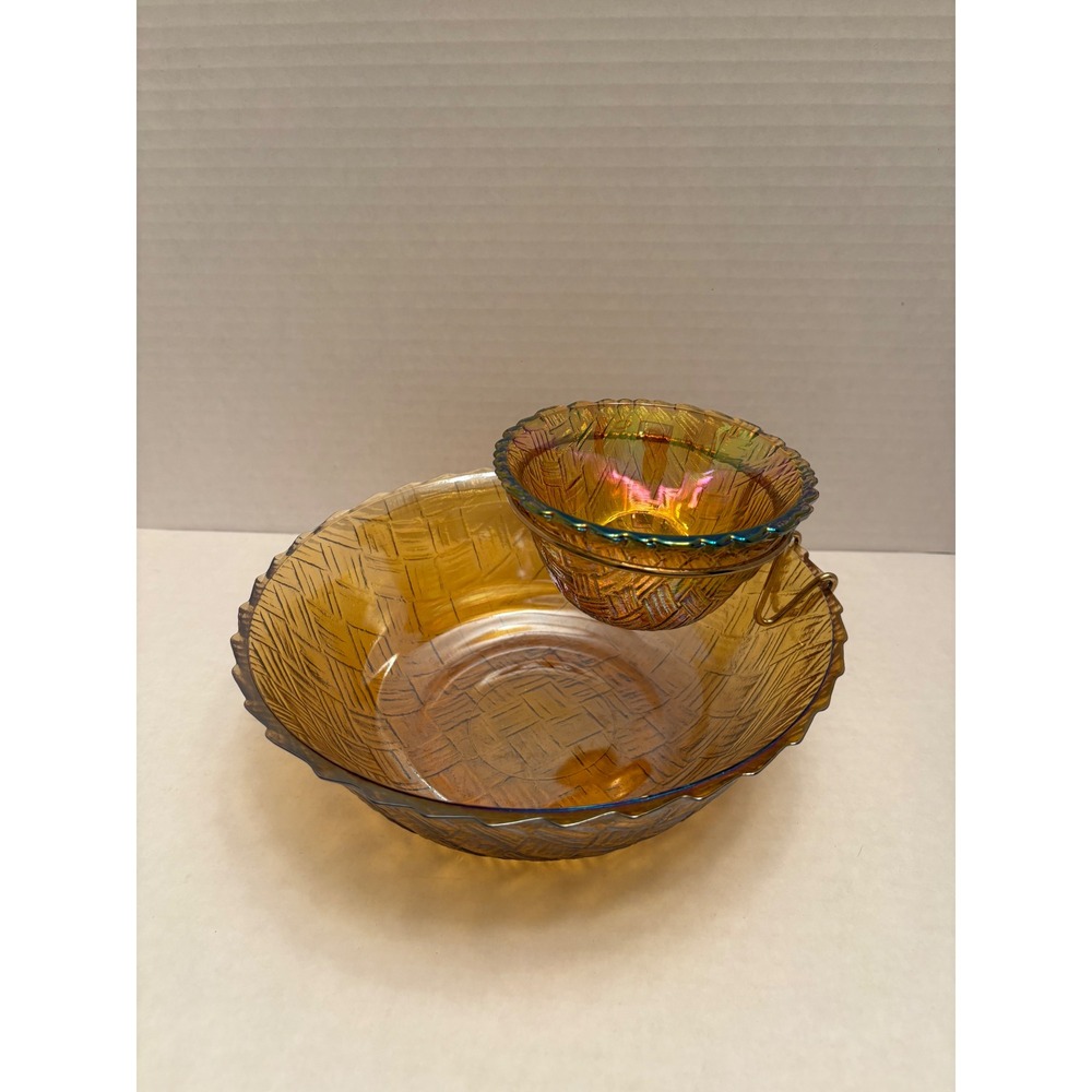 Indiana Glass Amber Tiara Sandwich Carnival Glass Chip and Dip Set 2 Piece‎